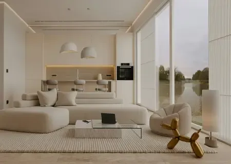 Pale living room of a lagoon apartment at Pointe aux Canonniers