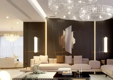 Dark panelled living room of a harbour penthouse in Port Louis