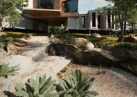 Timber clad house cantilevered over rocks and trees at Curepipe