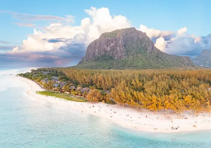 Aerial view of Le Morne, its lagoon and the west coast of Mauritius