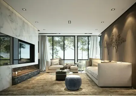 Living room of a beachfront penthouse opening onto the sea in Grand Baie